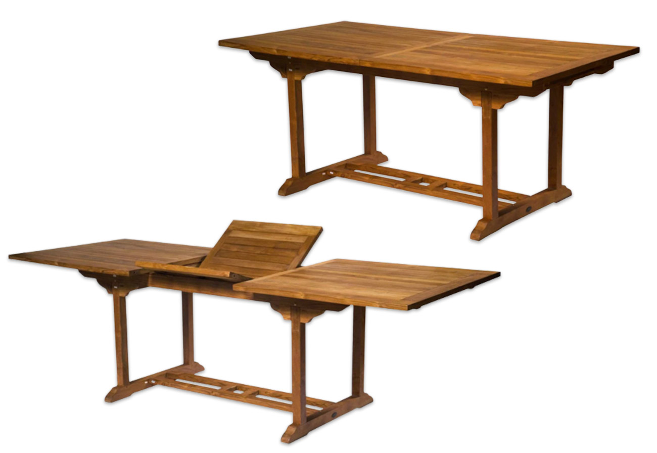 Teak wood table shown from two angles.