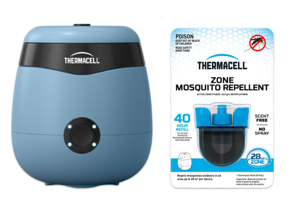 Themacell E55 Mosquito Repeller and a Zone Mosquito Repellent Refill shown side by side.