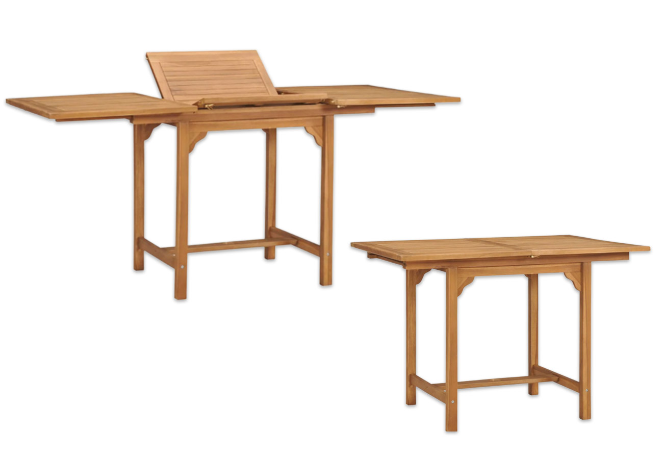 Two images of a teak extendable garden table.