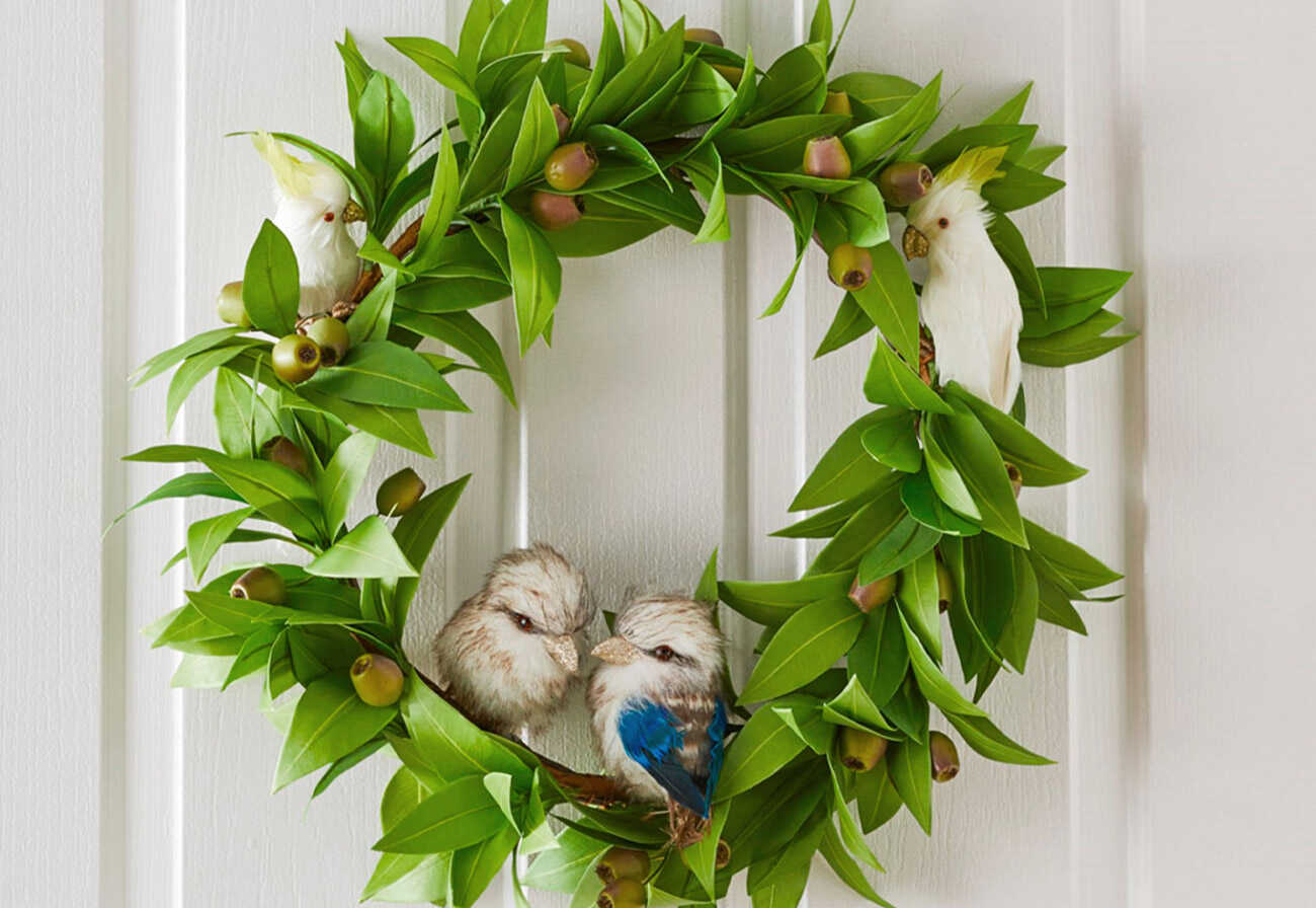 Christmas wreath with Kookaburras and eucalyptus leaves.