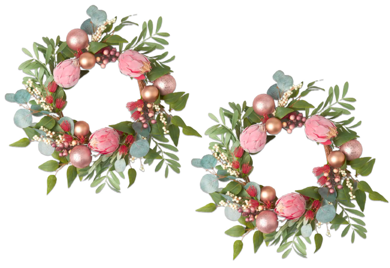 Bed Bath N Table wreath with gum leaves and proteas.