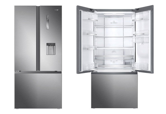 Haier 492L French Door Fridge shown open and closed.