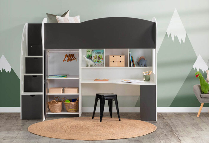 Jett loft bed for kids in a child's room on top of a jute rug.