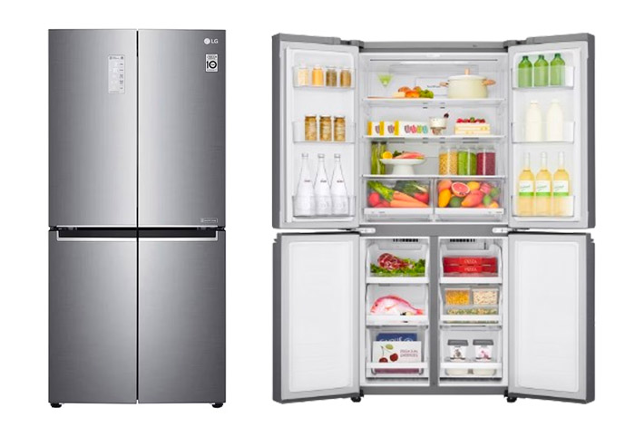 LG 530L French Door Fridge shown closed and open. 