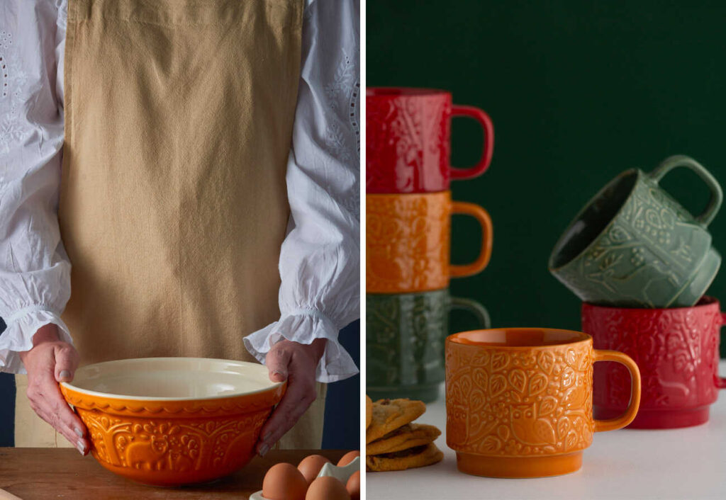 Mason Cash mixing bowl and mugs in red, green and ochre.