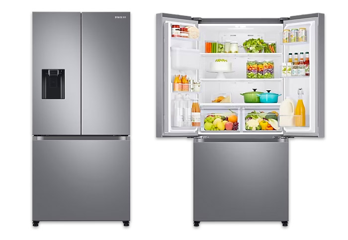 Samsung SRF5300SD French door refrigerator shown closed and open.