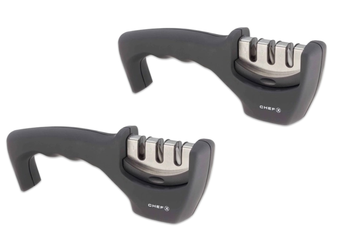 Two ChefX 3-in-1 Knife Sharpeners in black.