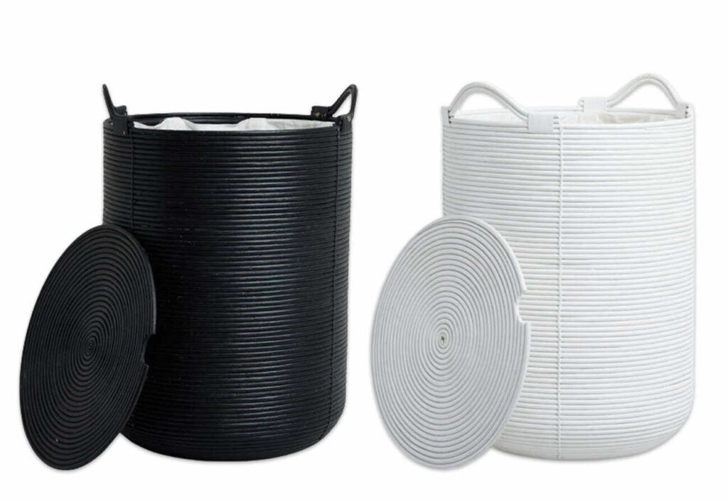 Rattan laundry baskets in black and white.