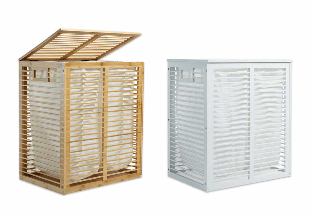 Rectangular wooden laundry units shown in natural and white. 