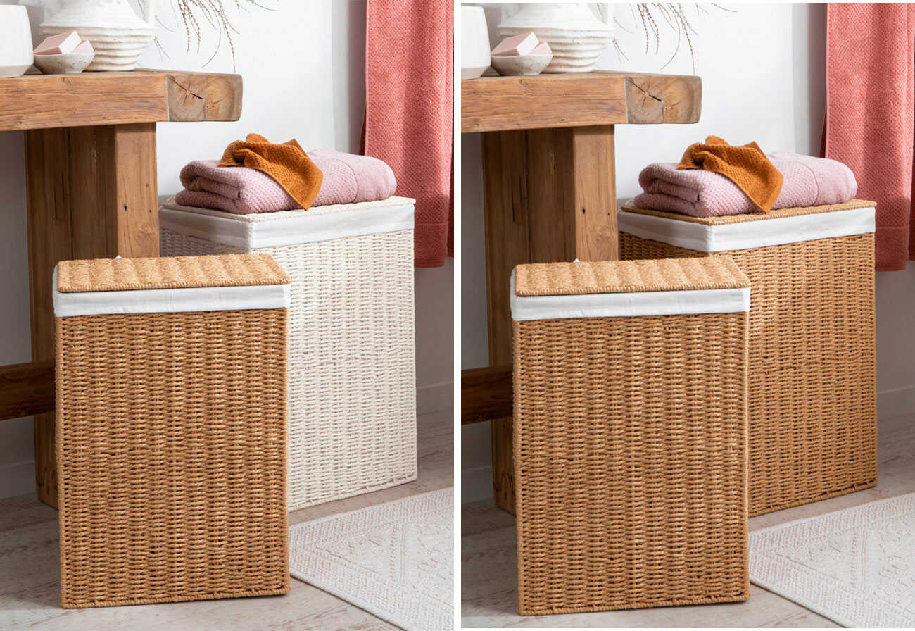 Woven natural-fibre laundry baskets in a bathroom.