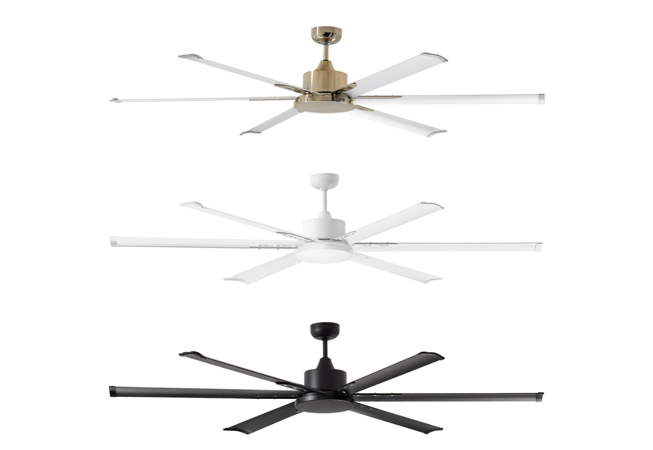 Marbec 180cm Albatross ceiling fans shown in three colours. 
