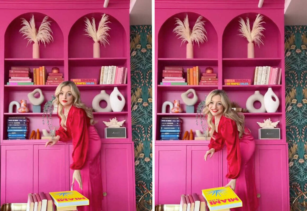 Rachel Martino in front of her bright pink arched bookcases.