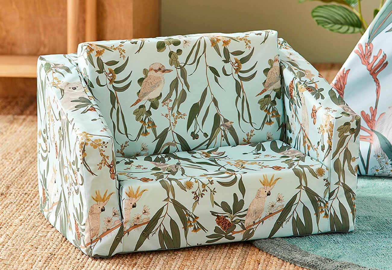 Child's nature-themed flip-out sofa.