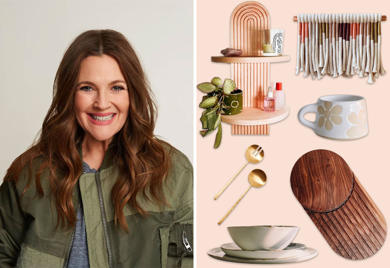 Drew Barrymore and a selection of homewares she recommends.