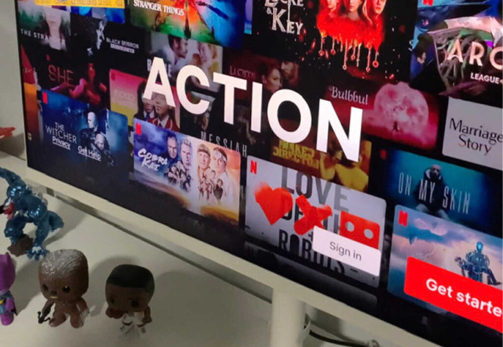 Close up of Netflix menu on an external monitor.