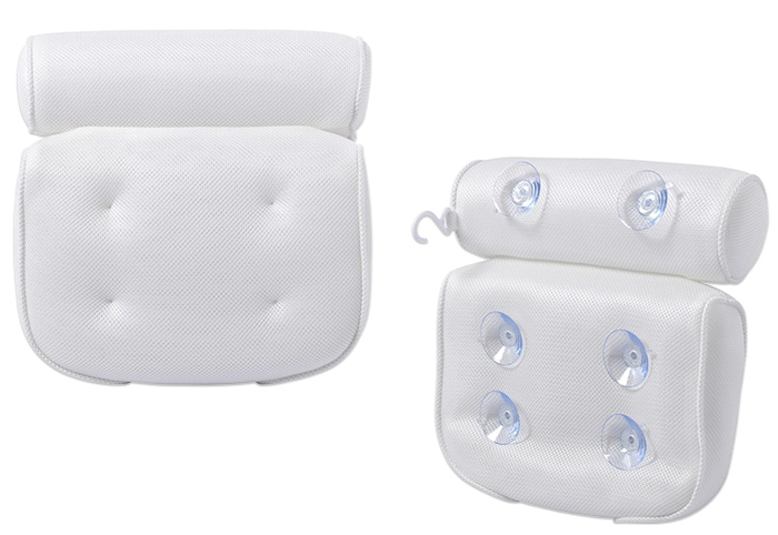 Front and back image of a 3D mesh bath pillow.