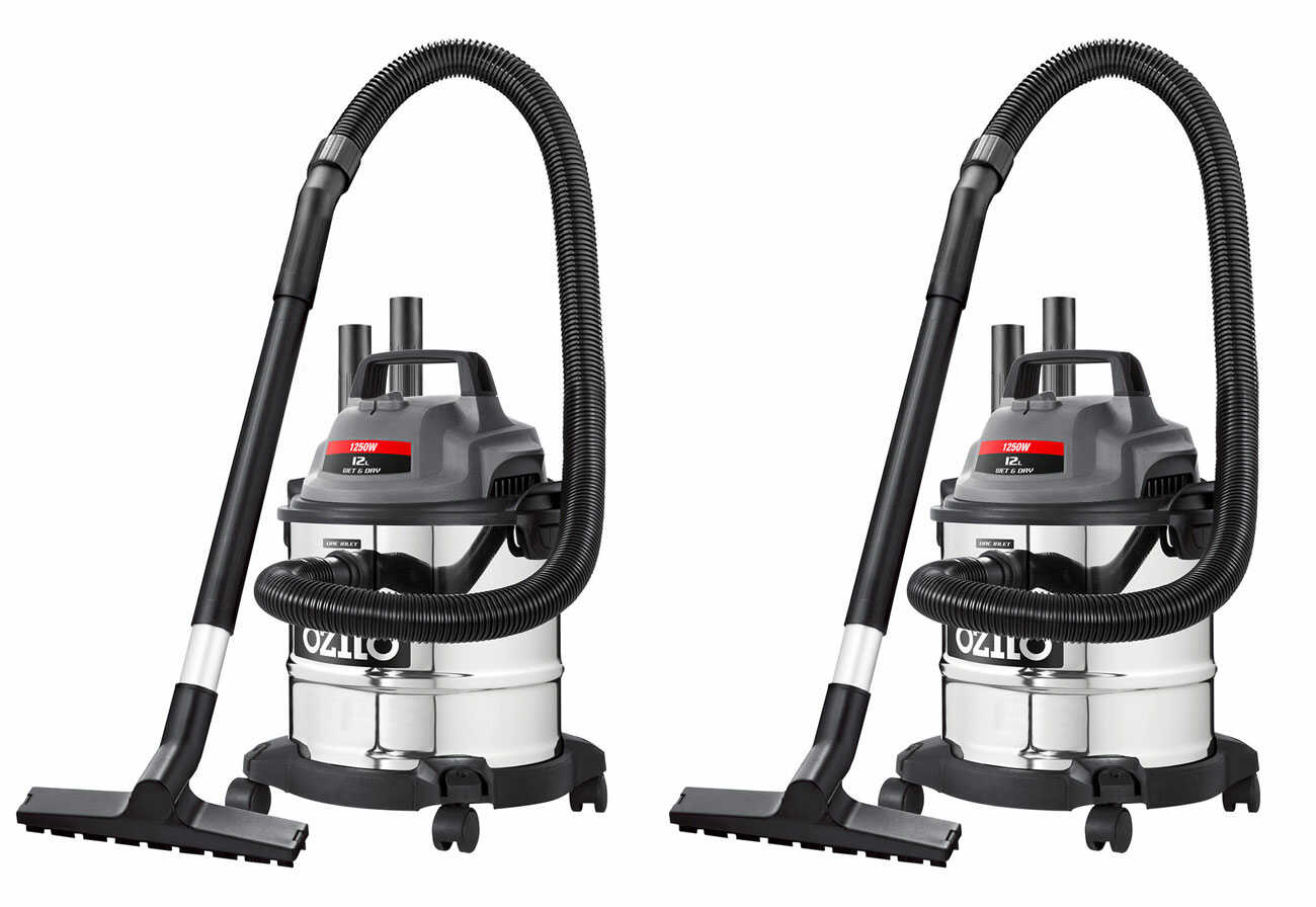 Two Ozito 1250W 12L Stainless Wet And Dry Vacuums.