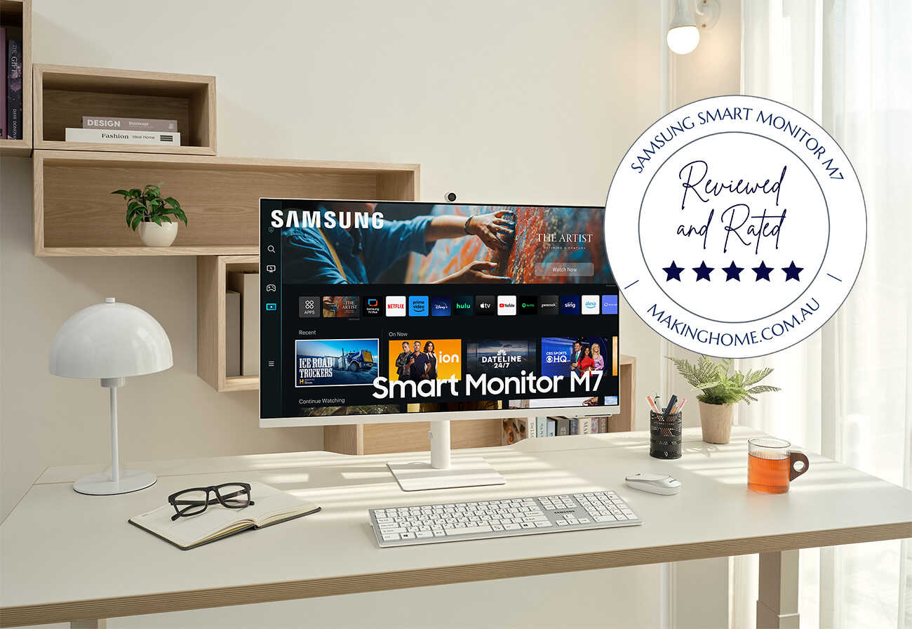 The Samsung Smart Monitor with a 5-start review badge over the image.