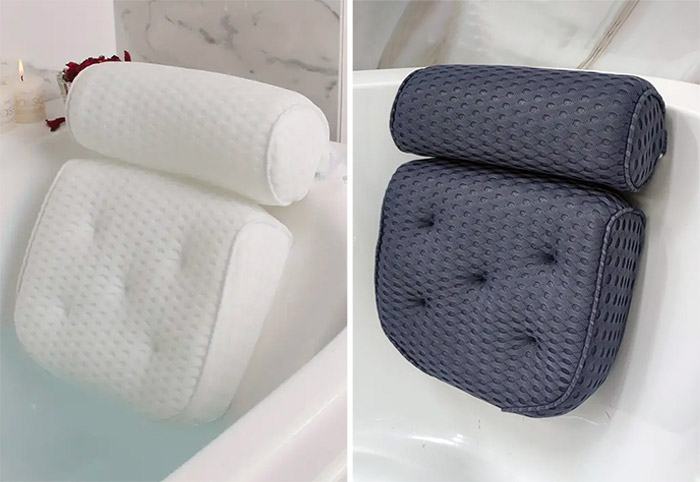 White and dark blue bath supports shown in tubs.