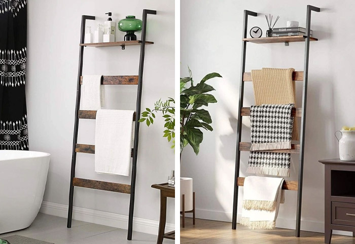 Blanket ladder in a bathroom and living room.