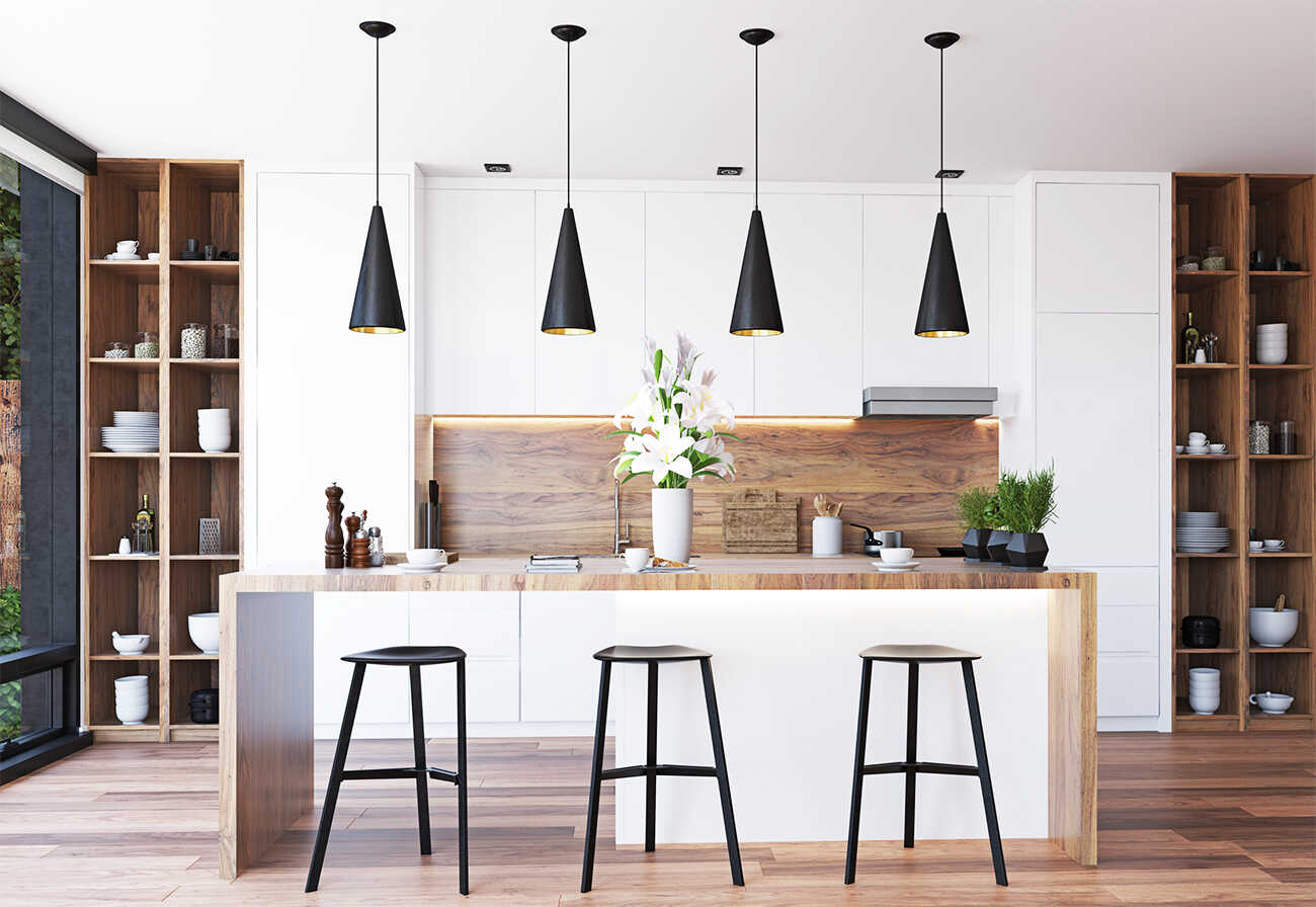 Modern kitchen with open wooden shelving.