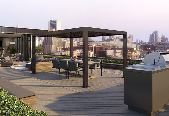 Rooftop terrace with overhead shelter and Trex decking.