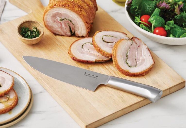 Sliced roast pork with a SMEG knife.