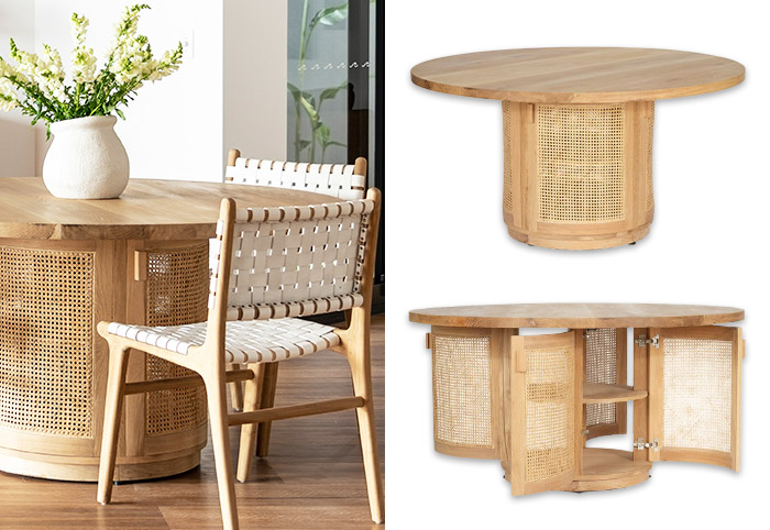 Boho-style dining table shown with chairs around it and against white background.