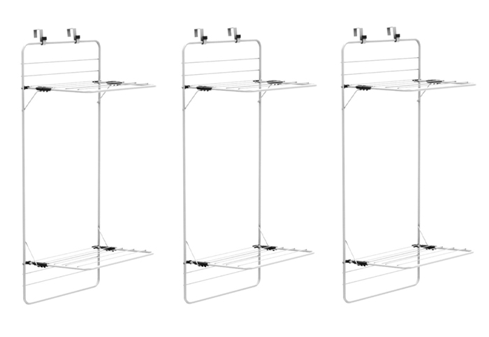 Three images of an over-the-door clothes airer drying rack.