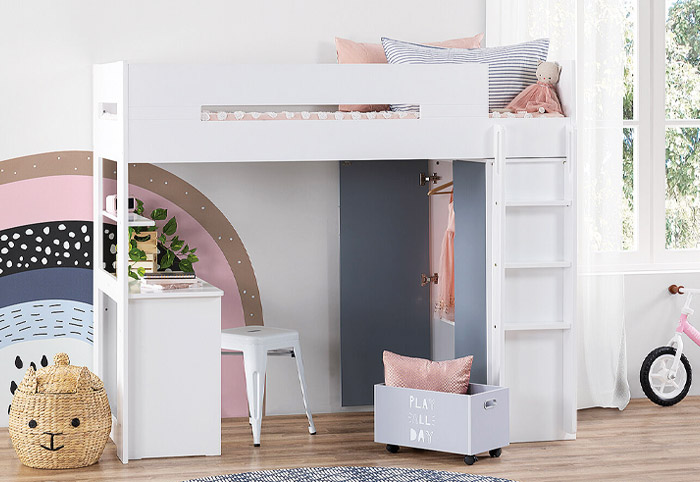 White Kodi kids' loft bed with a built-in desk and robe underneath. 