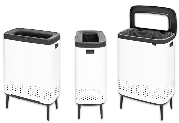 The white Brabantia BO HI 2 Laundry Bin shown from three angles. 