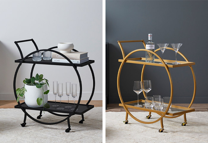 Images of black and bronze drinks trolleys.