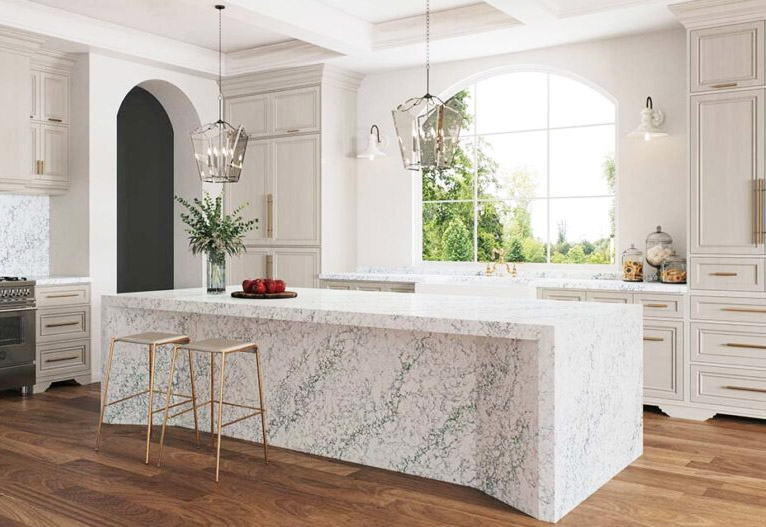 French Provincial style kitchen with oversized stone bench.