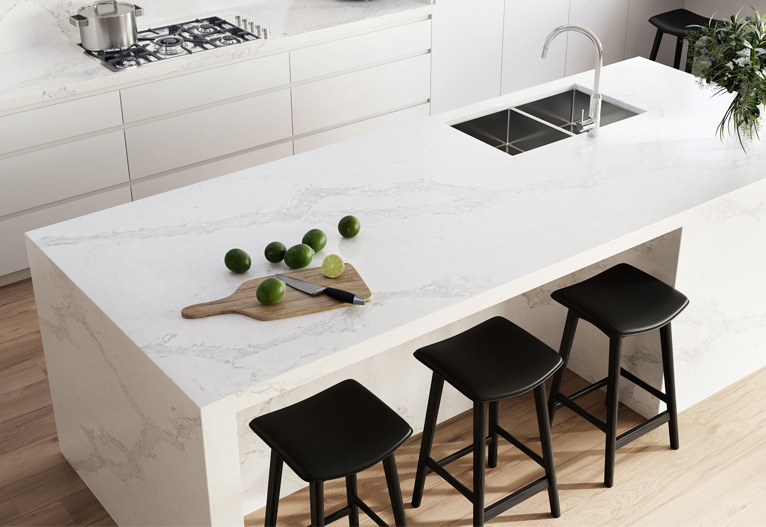 White island bench with built-in sink.