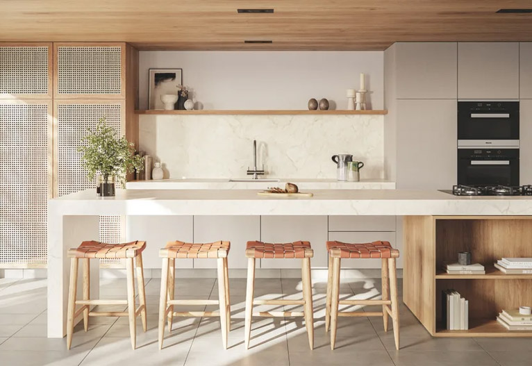 Long white porcelain benchtop in a natural kitchen.