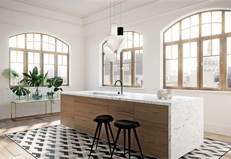 Loft-style kitchen with waterfall edge bench.