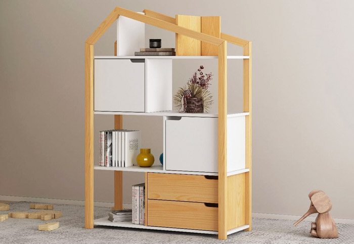 Kids' wooden bookshelf shaped like a house.