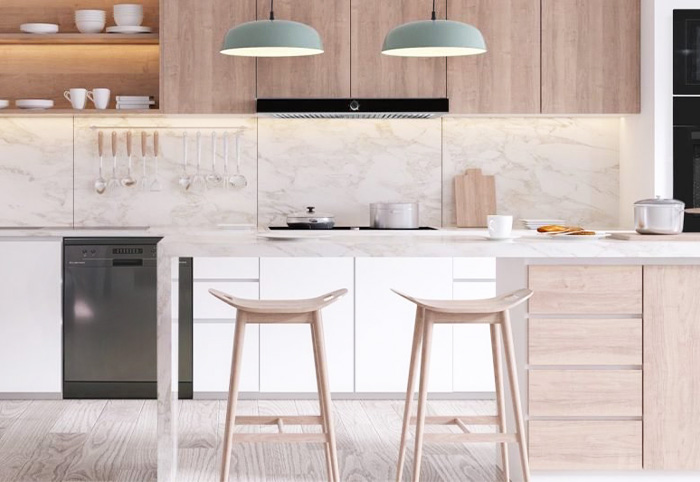 Black Kleenmaid dishwasher featured in a white kitchen with wooden cabinets.