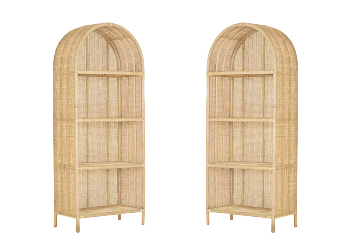 Rattan kids' bookshelf shown from two angles.