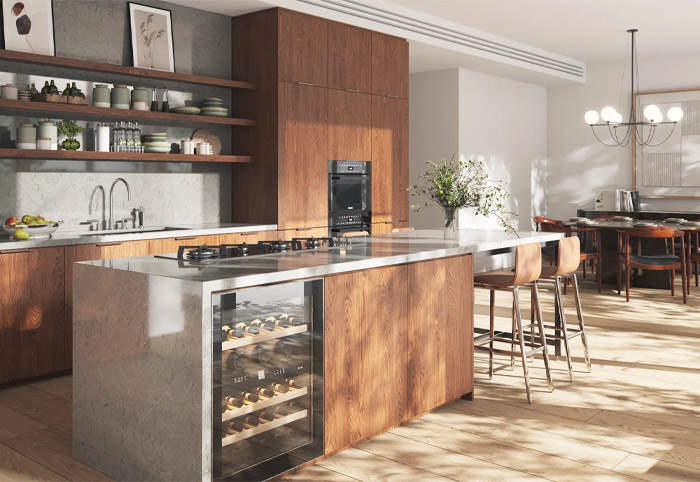 Grey waterfall benchtop with a built-in wine cellar.