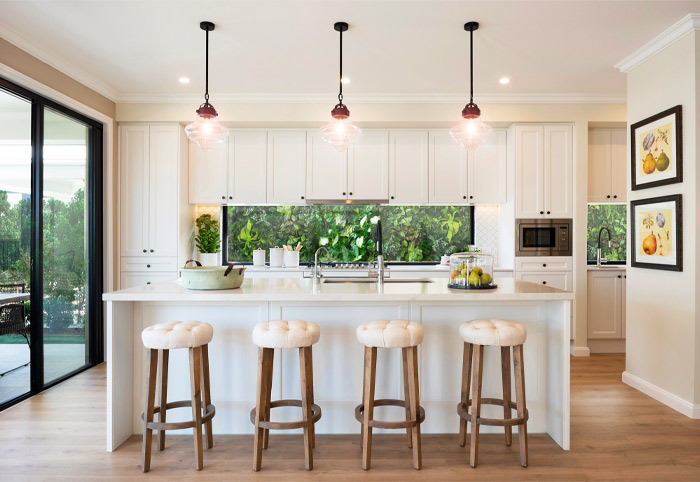 White stone bench in a modern kitchen.