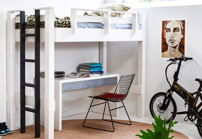 White raised bed with black ladder in a teenager's bedroom.