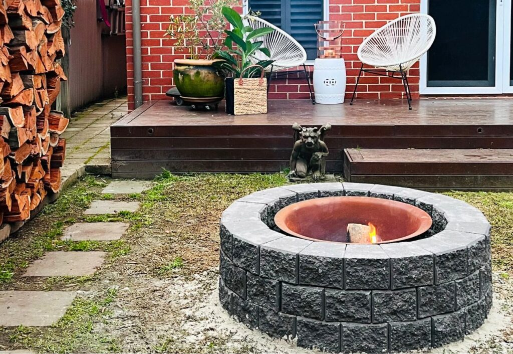 A backyard firepit made with Adbri Miniwall blocks.