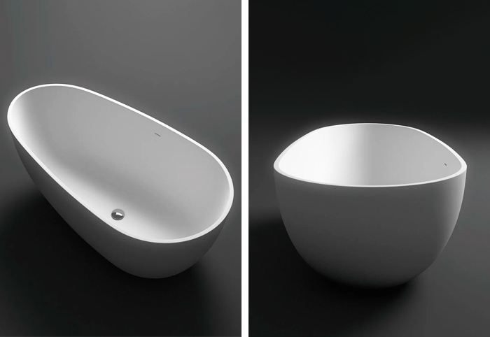 Egg-shaped bath shown from two angles.