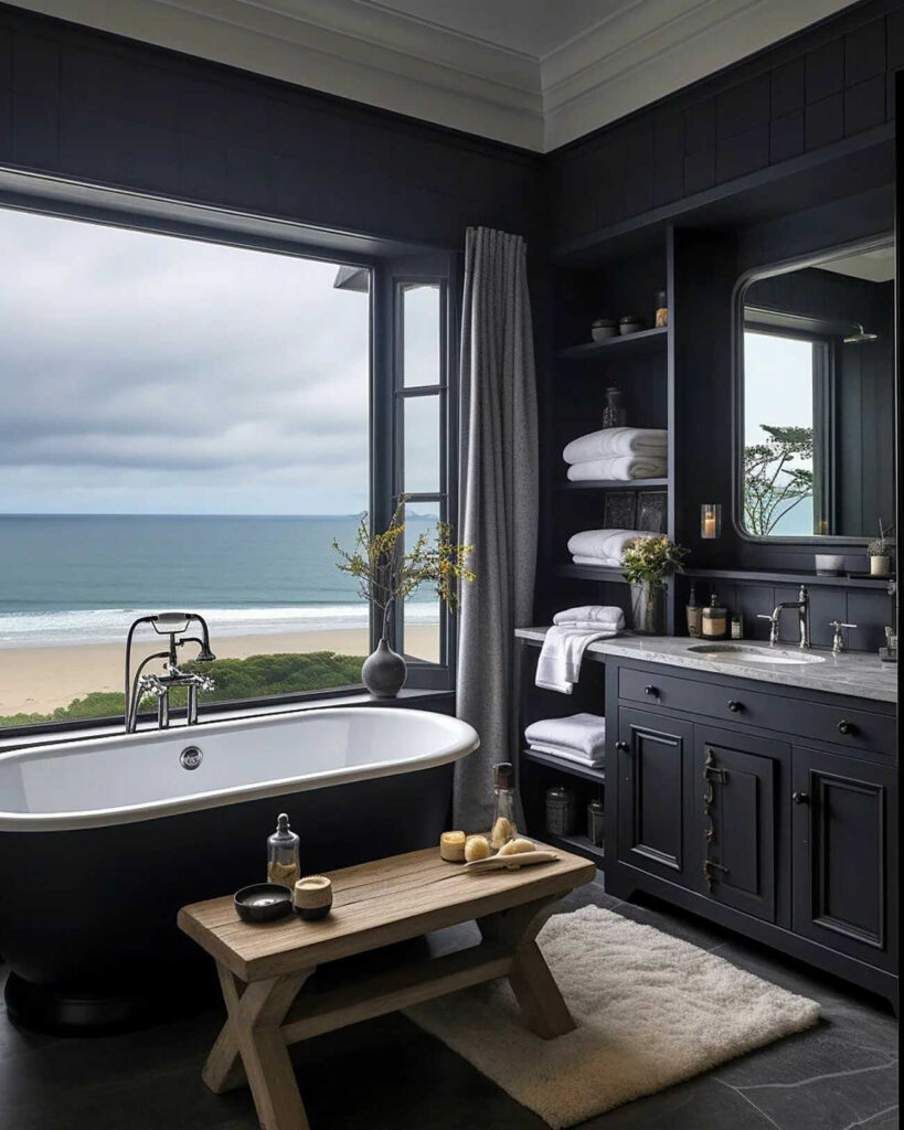 Ben Myhre Dark Coastal Home bathroom design generated by AI.