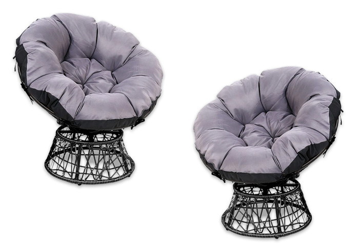 An outdoor occasional chair with PE wicker frame and fluffy bowl-shaped cushion.