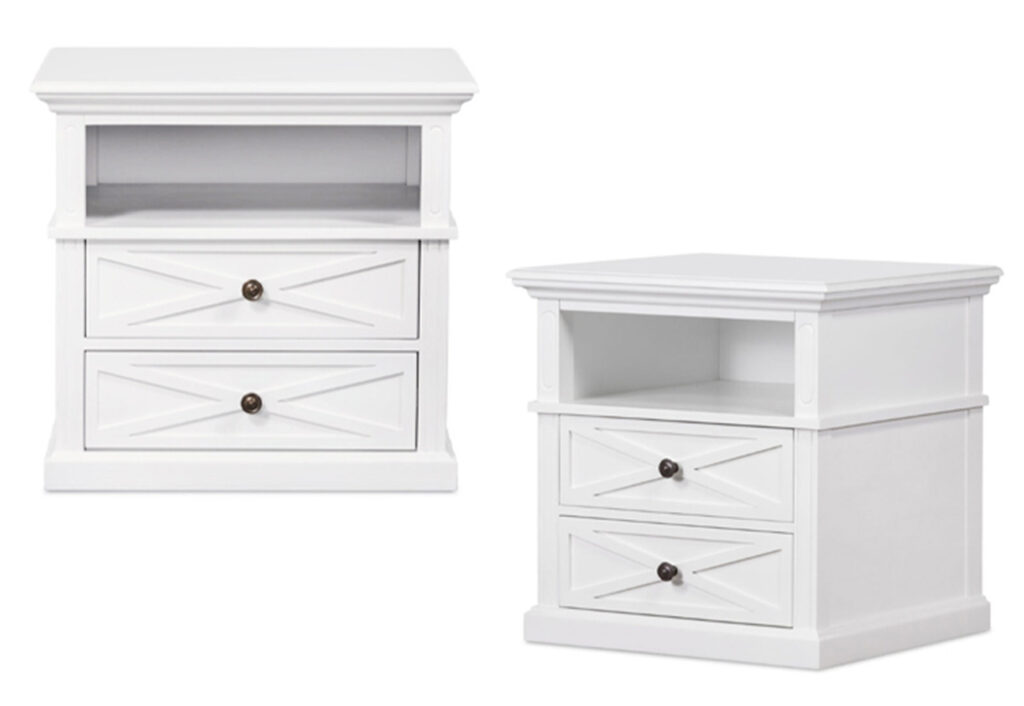 White hamptons-style bedside table with cross pattern on the front panels.