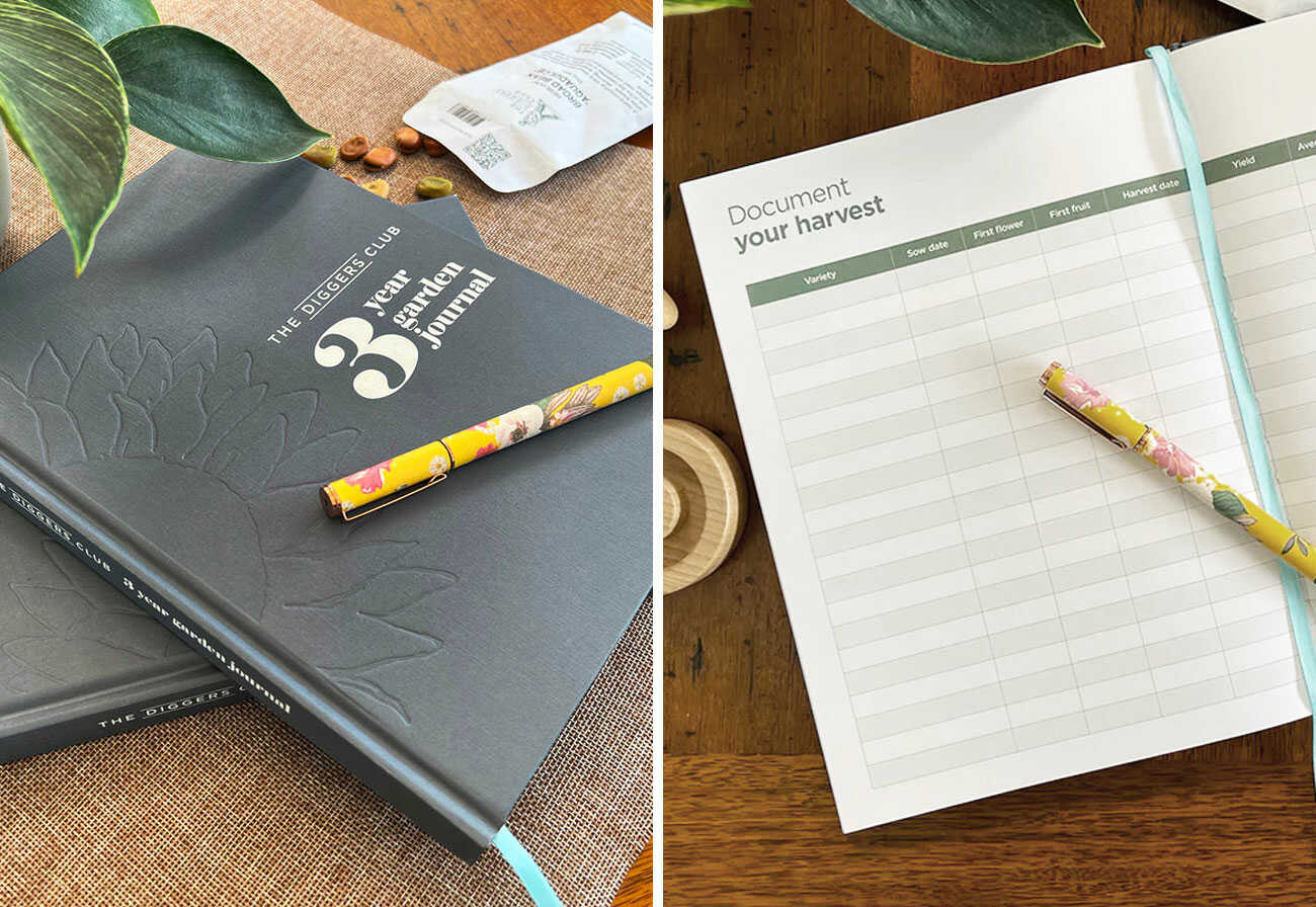 Gardening journal shown open and closed on a wooden benchtop.