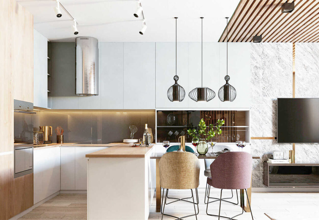 A modern kitchen with timber accents and statement pendant lights.