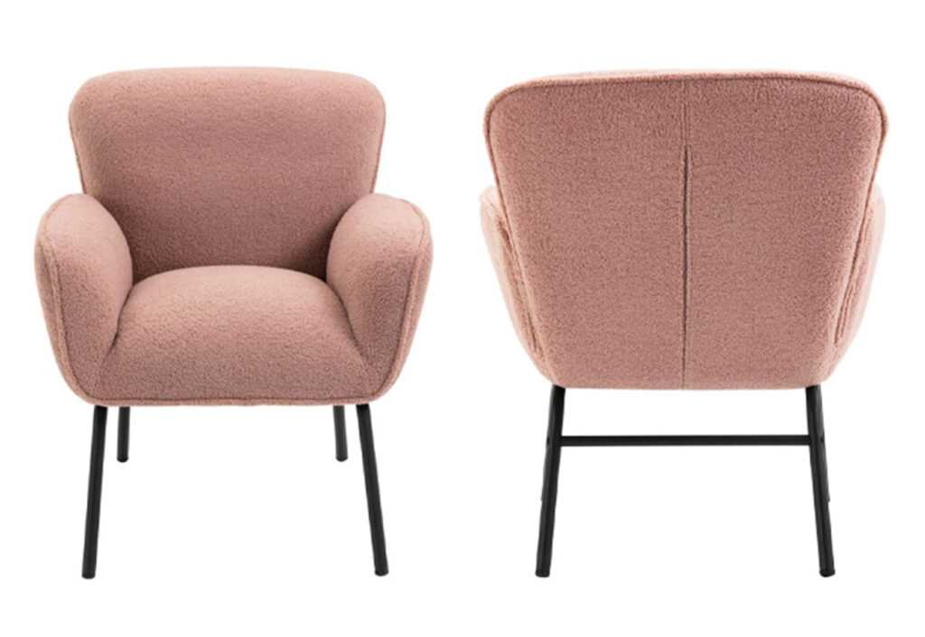 Pink boucle armchair shown front front and back.